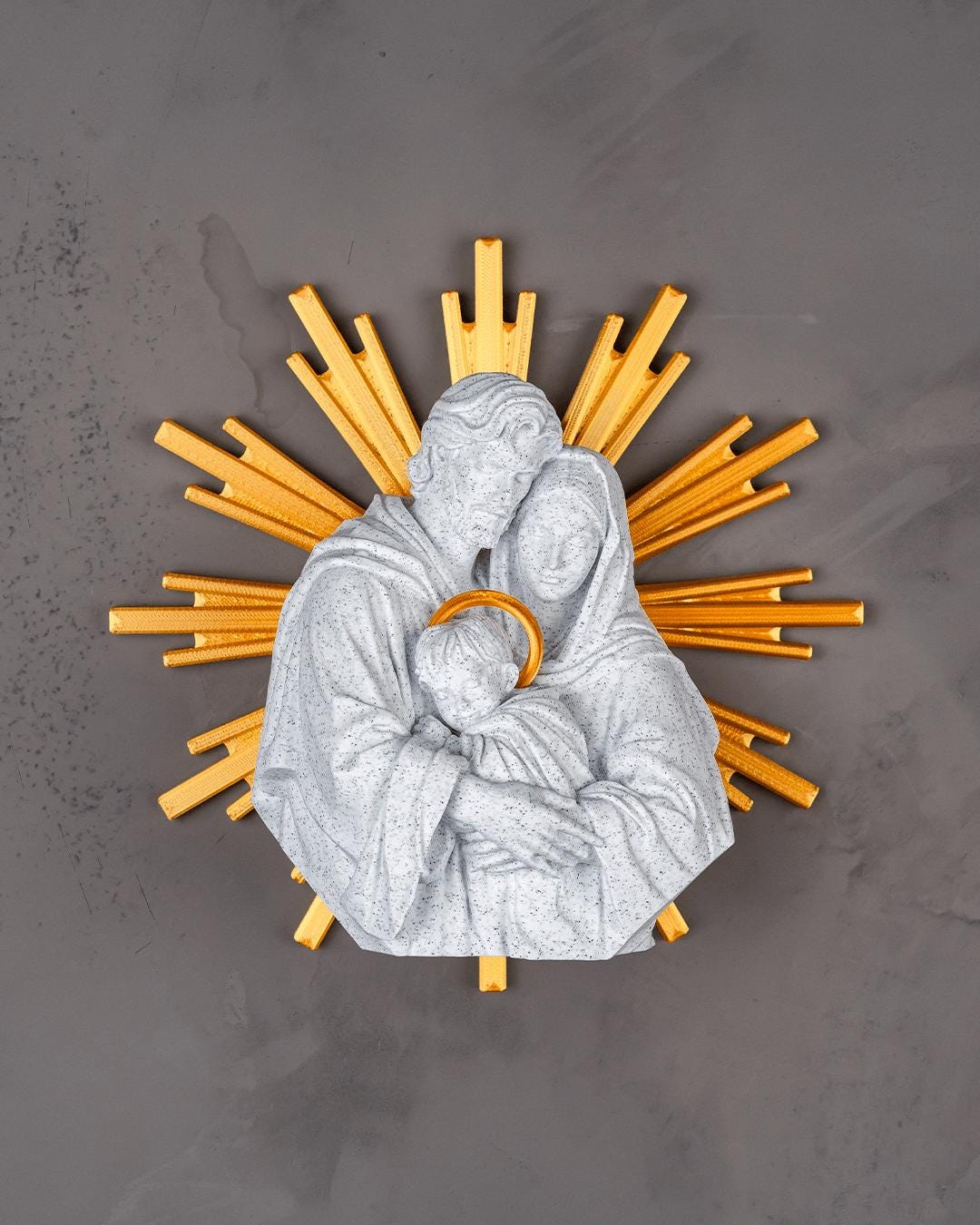 Holy Family Sculpture with Gold Sunburst Halo, Stone-Inspired White Finish