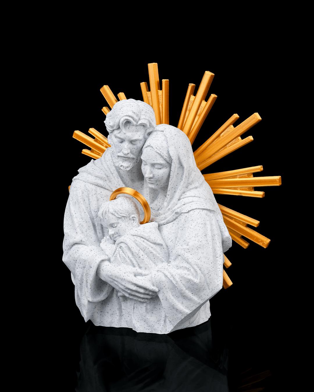 Holy Family Sculpture with Gold Sunburst Halo, Stone-Inspired White Finish