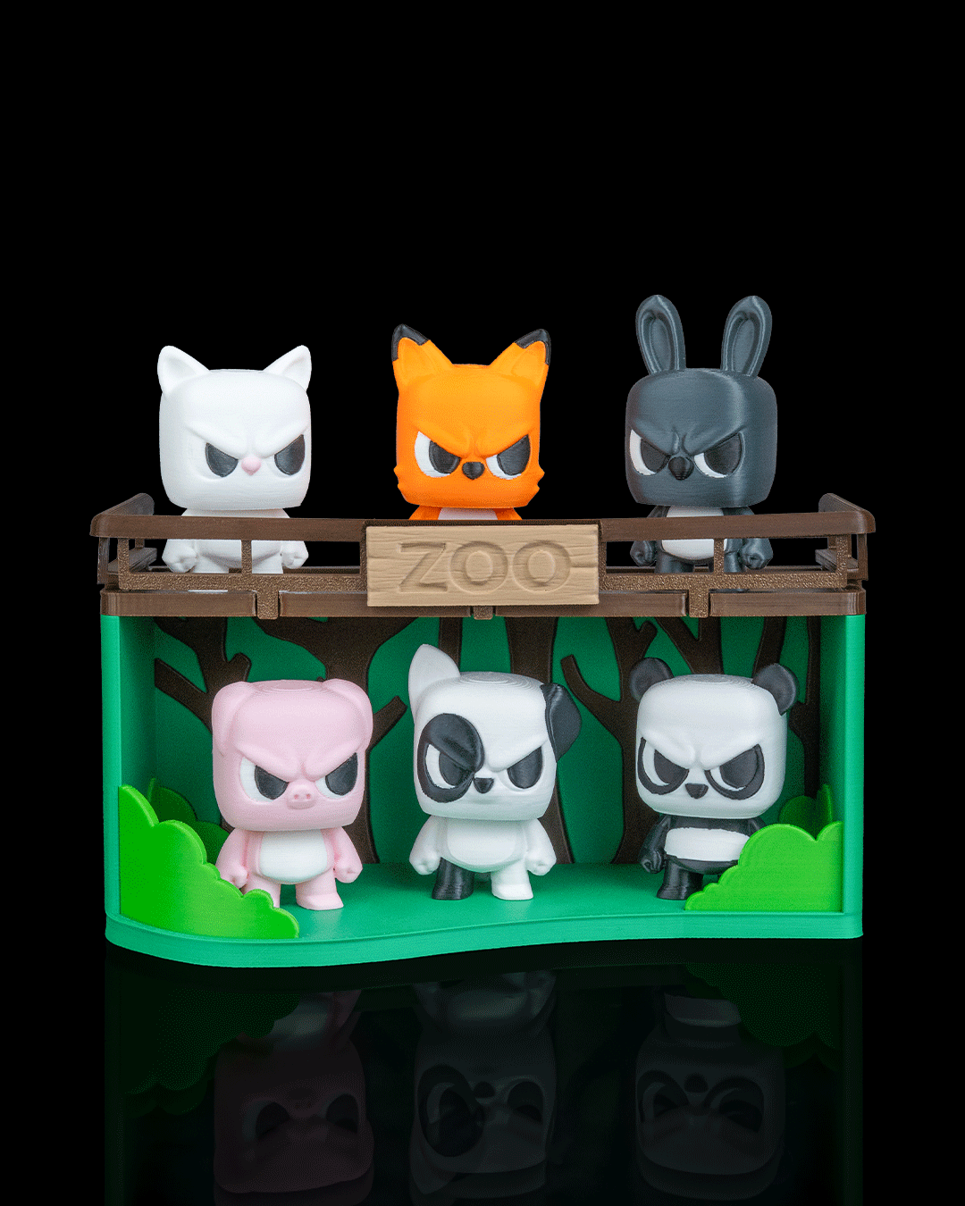 Animal Zoo Anty collection diorama display shelf holding 3D-printed animal figures — front view