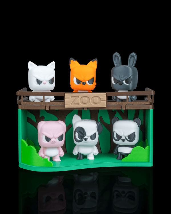Animal Zoo Anty collection diorama display shelf holding 3D-printed animal figures — front view