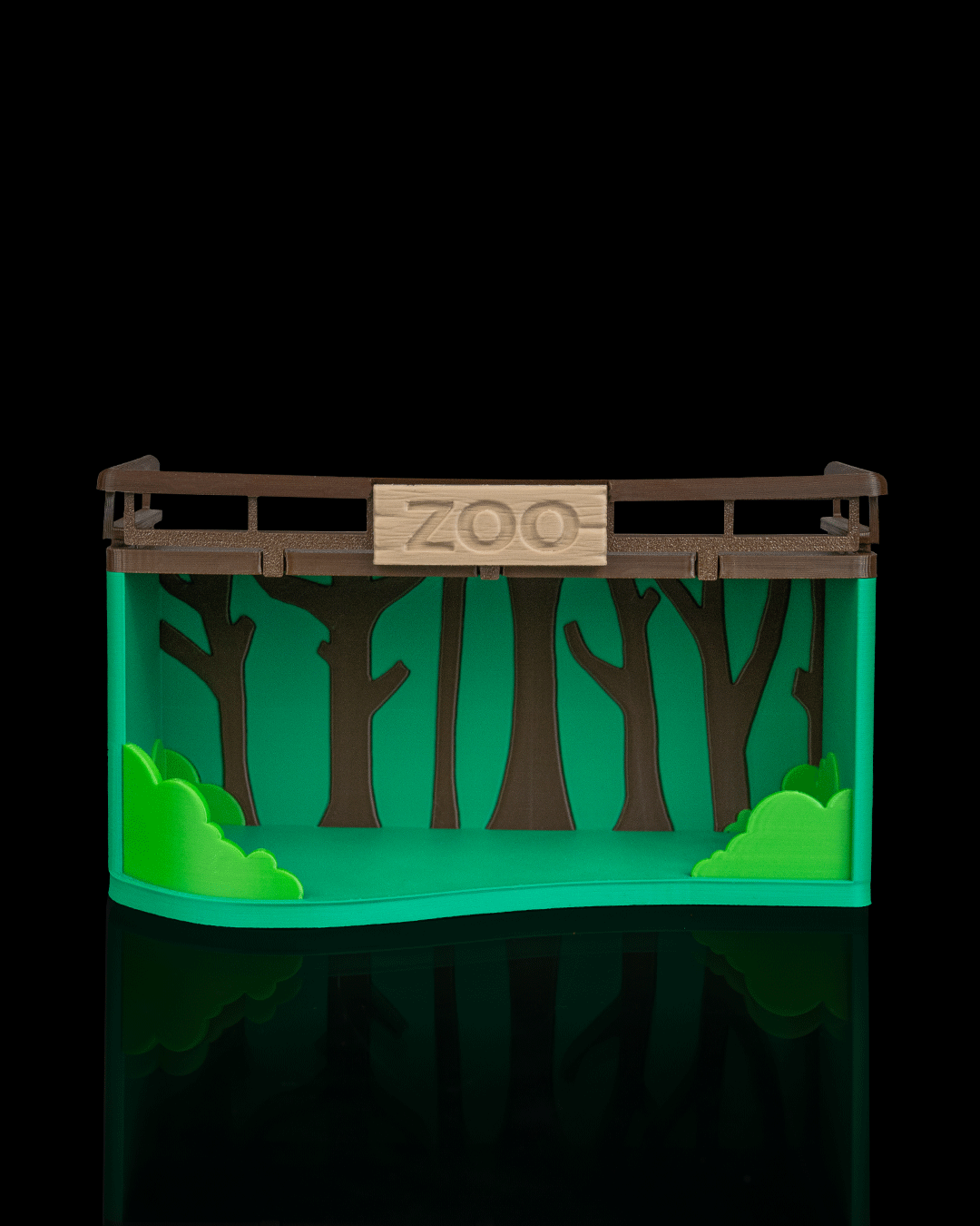 Animal Zoo Anty collection diorama display shelf holding 3D-printed animal figures — side profile