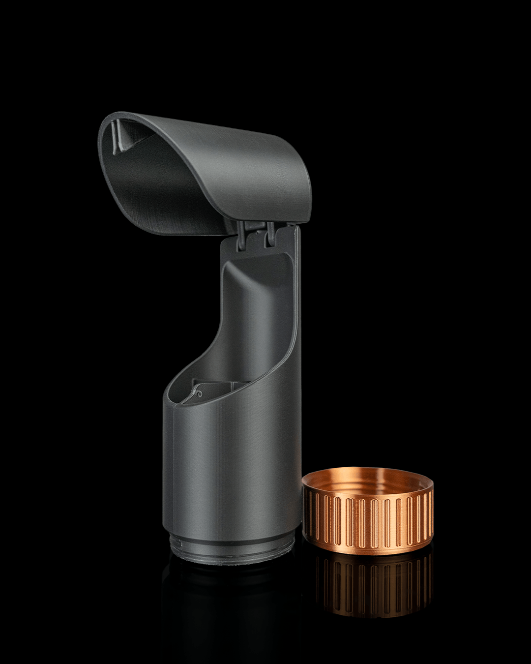Curve Caddy — a 3D-printed headphone holder with desk catch-all — three-quarter angle