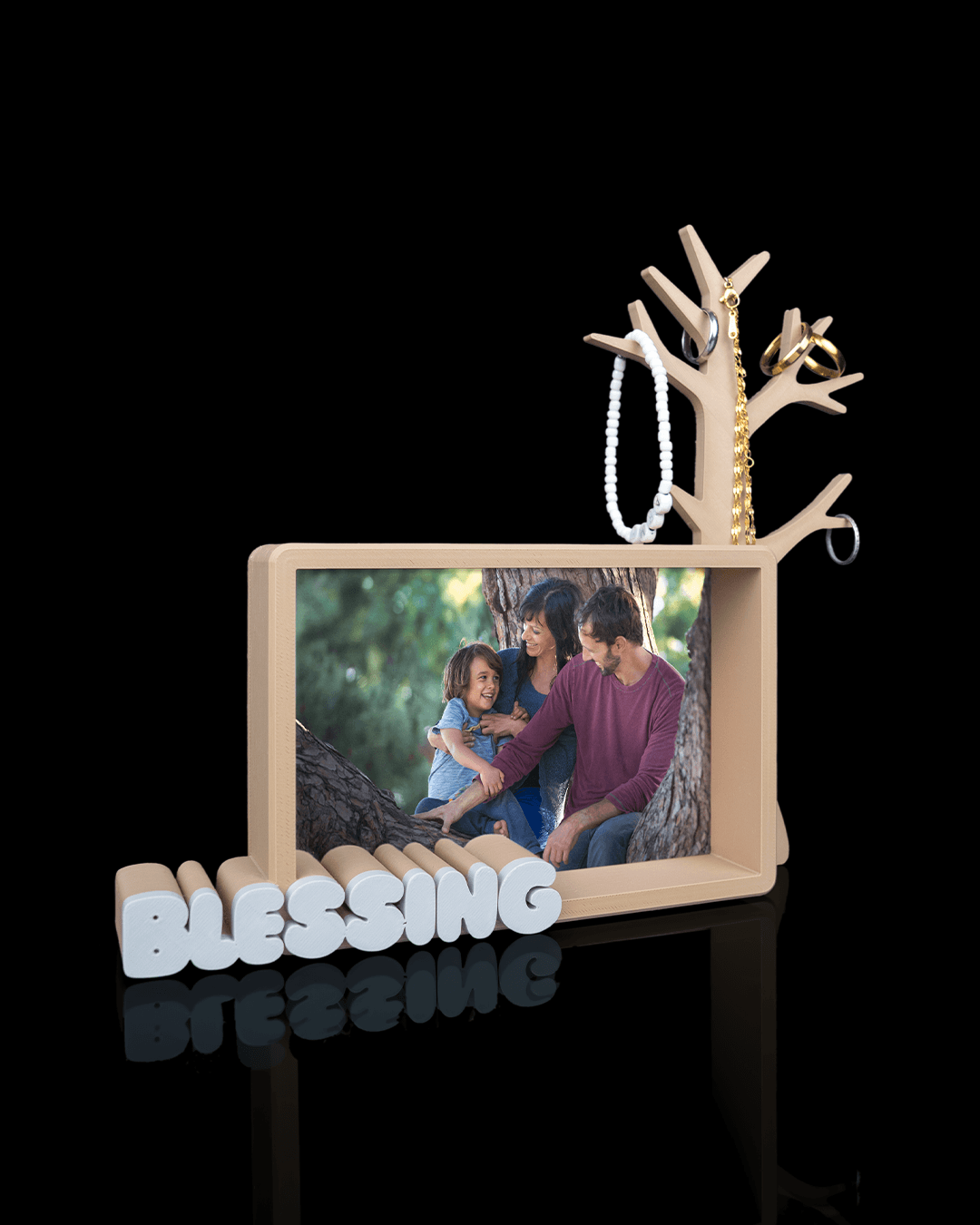Keepsake Tree — a 3D-printed photo frame and jewelry stand — side profile