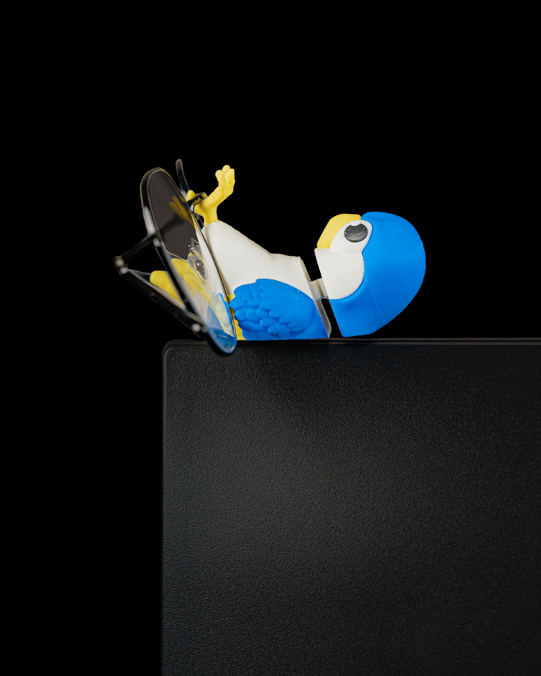 Perchmate — a 3D-printed parakeet glasses holder — close-up detail