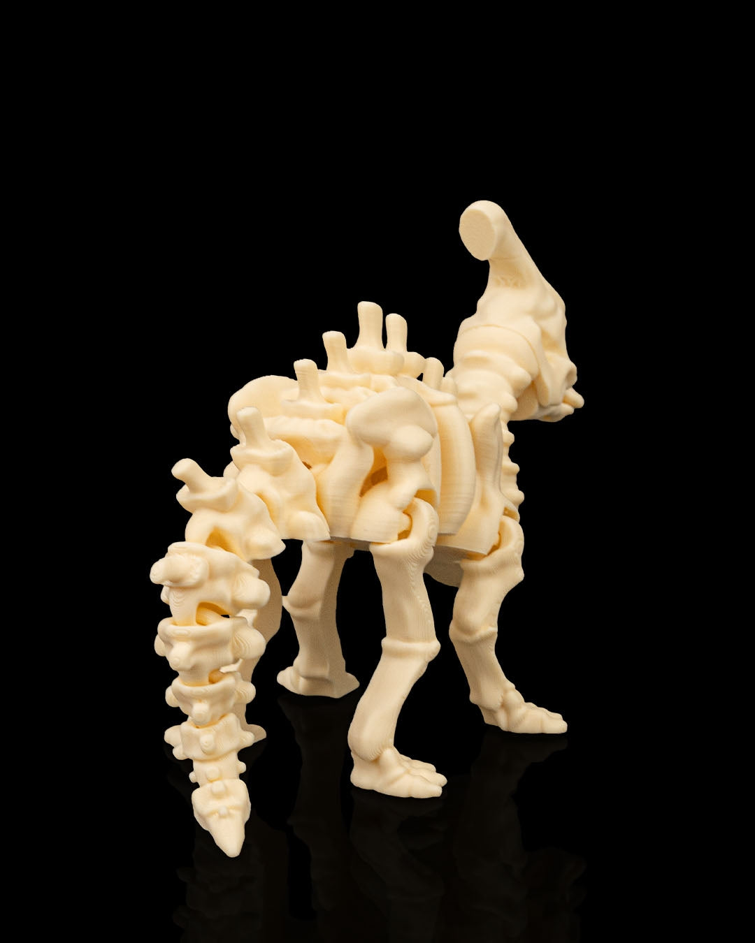 Articulated 3D-printed Parasaurolophus dinosaur skeleton — poseable desk figurine (view 3)