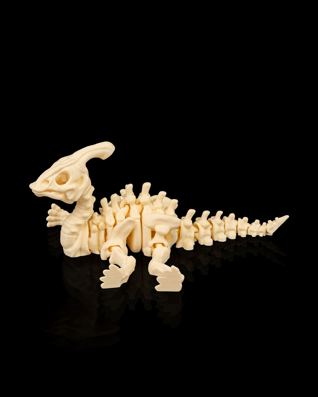 Articulated 3D-printed Parasaurolophus dinosaur skeleton — poseable desk figurine (view 5)