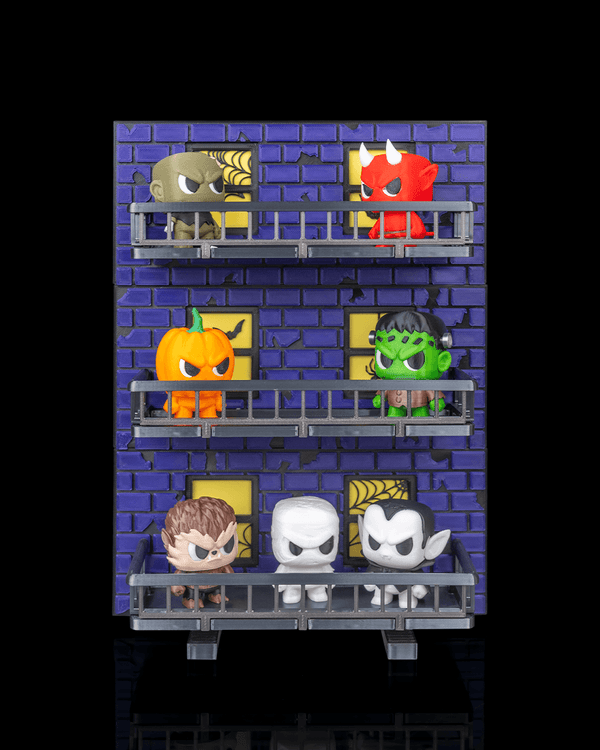 Spooky Escape Anty diorama display shelf holding 3D-printed Halloween figures — front view