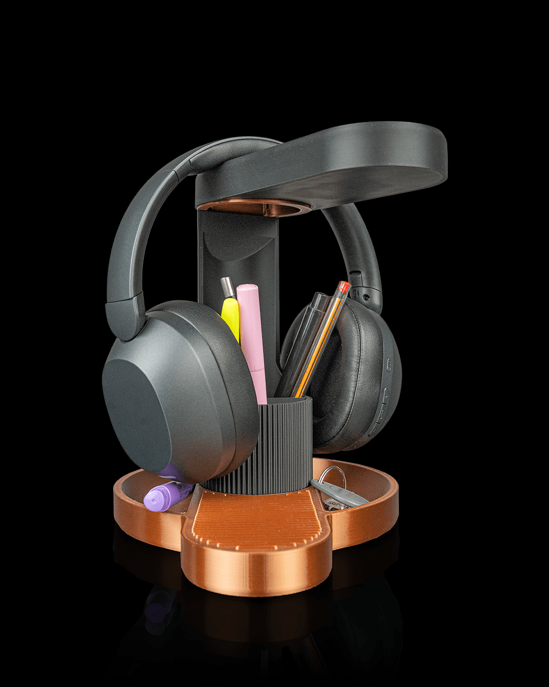 Tower Trio — a 3D-printed headphone and phone holder — side profile