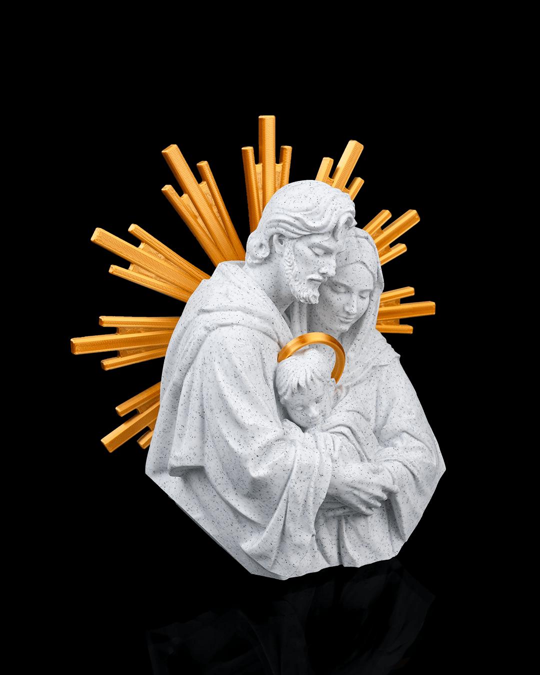 Holy Family Sculpture with Gold Sunburst Halo, Stone-Inspired White Finish