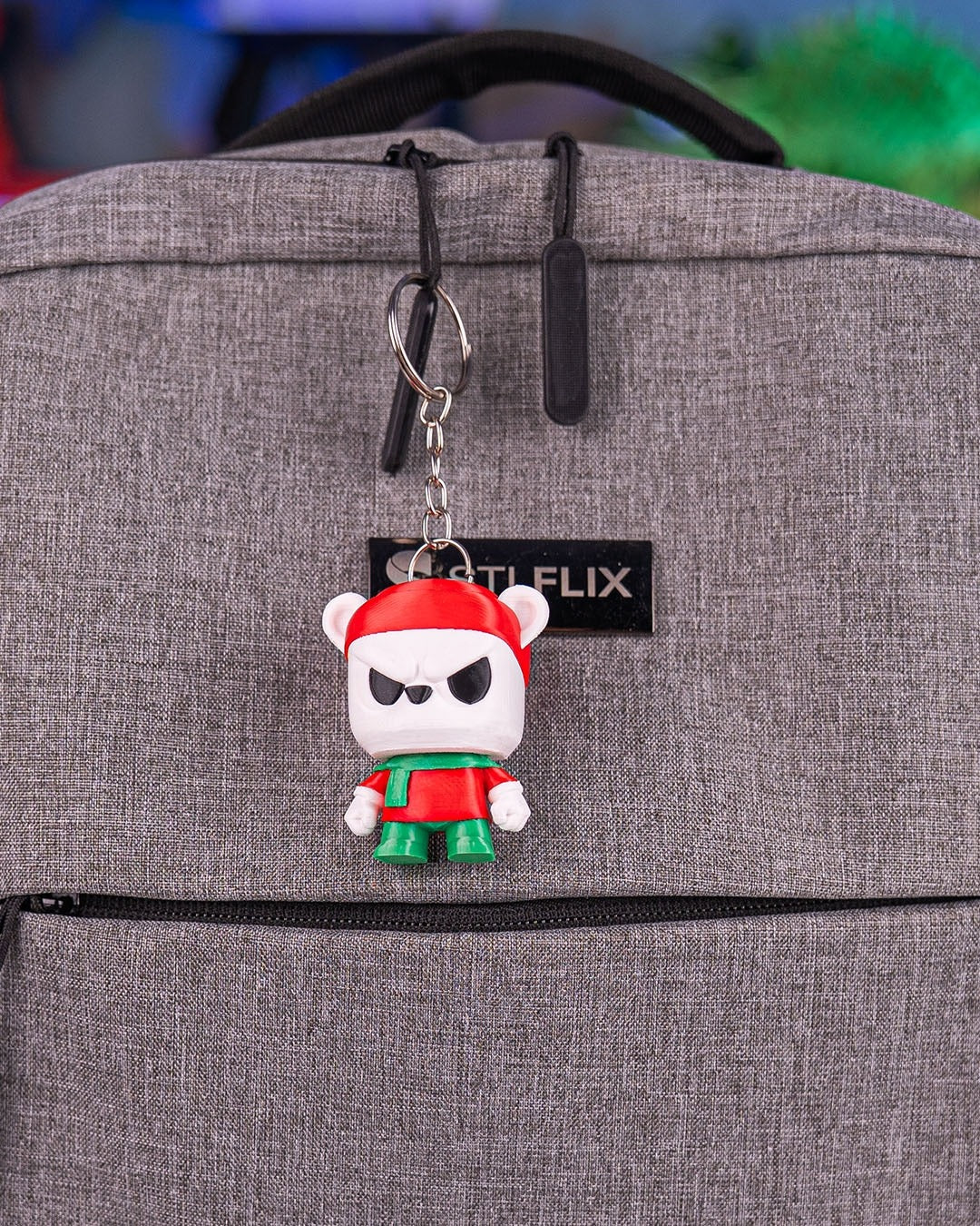 Anty Bear 3D-printed Christmas keyring — clipped to a backpack as a keyring