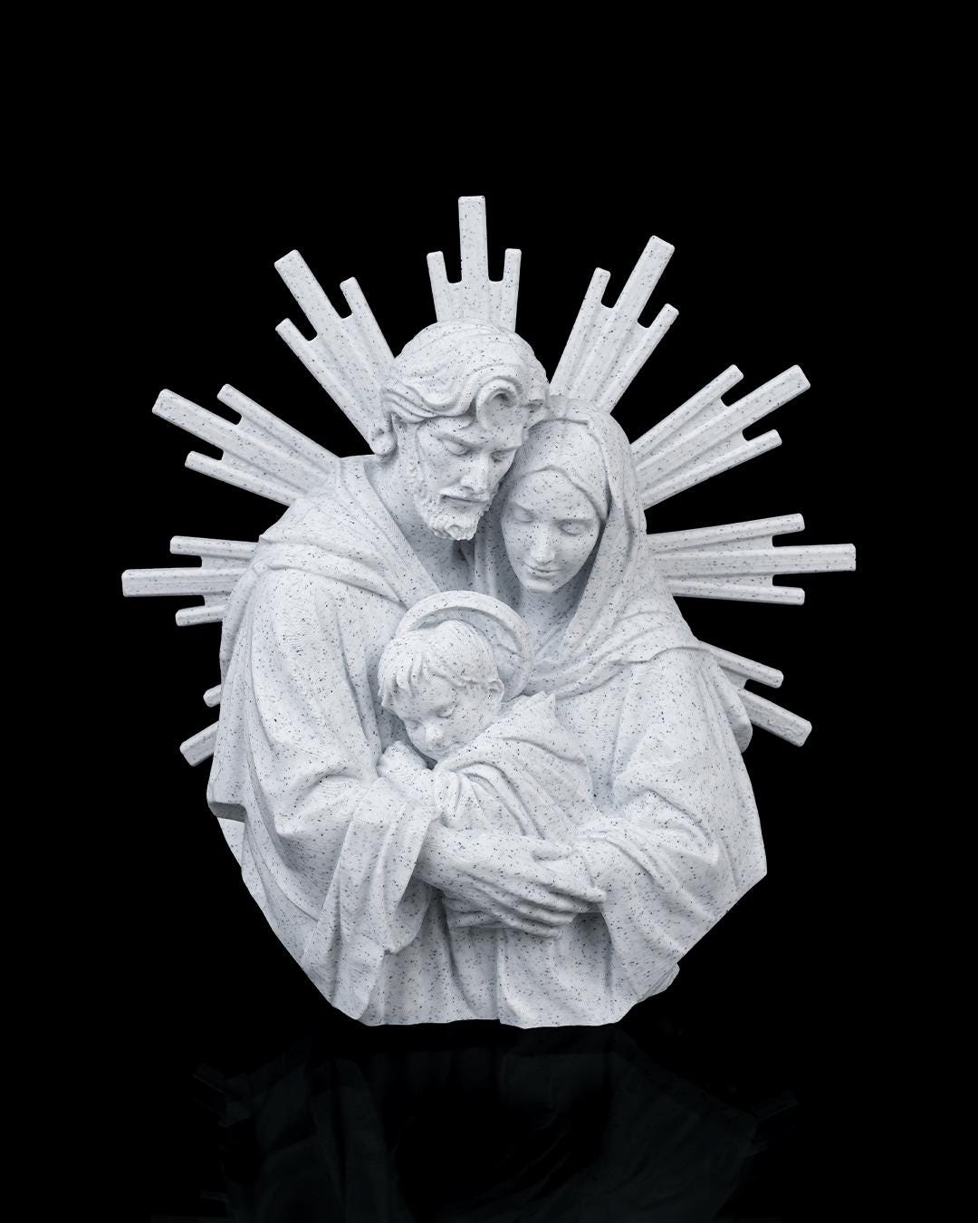 Holy Family Sculpture with Gold Sunburst Halo, Stone-Inspired White Finish