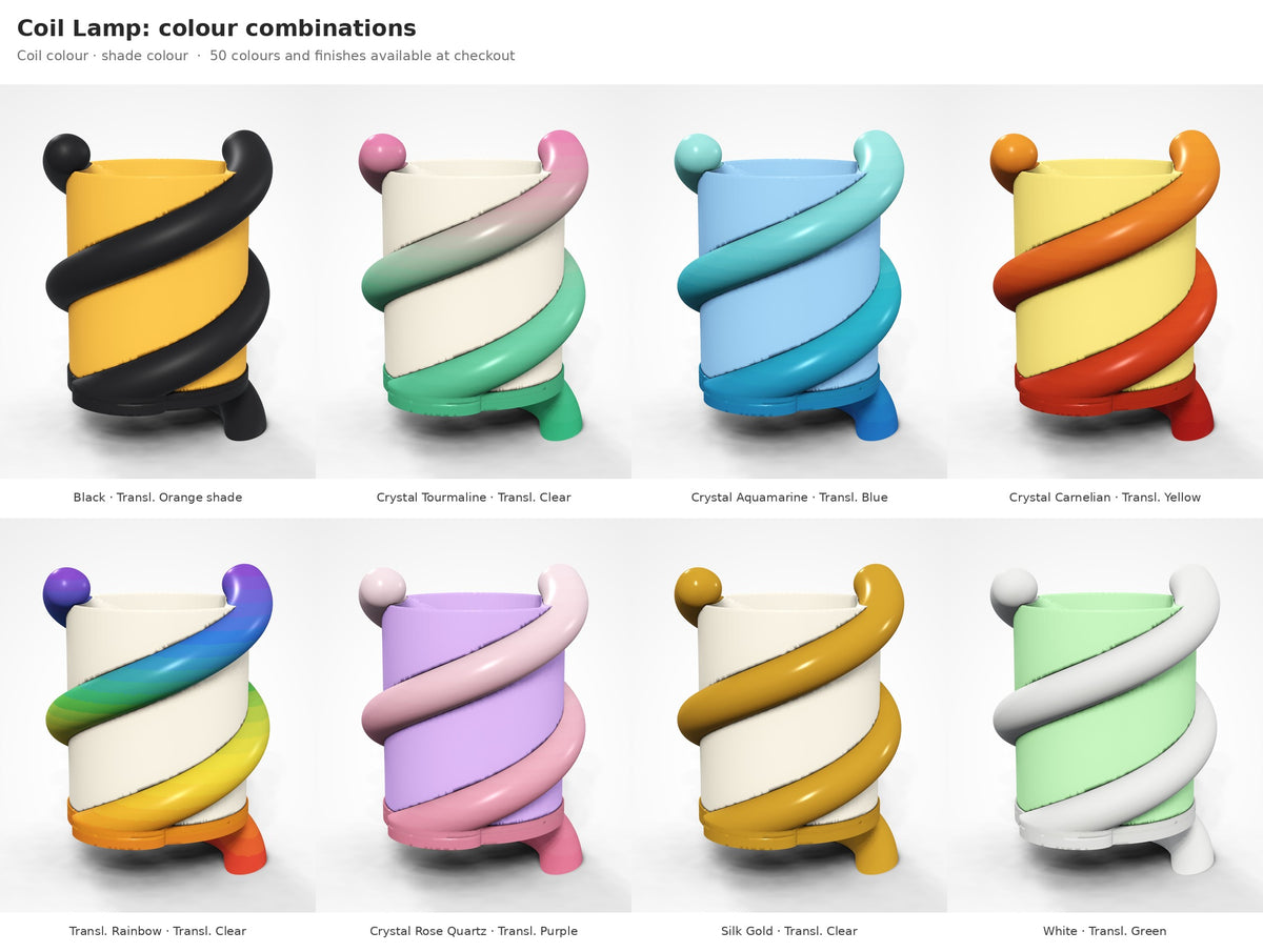 Coil Lamp — eight colour combinations of coil and shade, including Crystal gradient and silk finishes