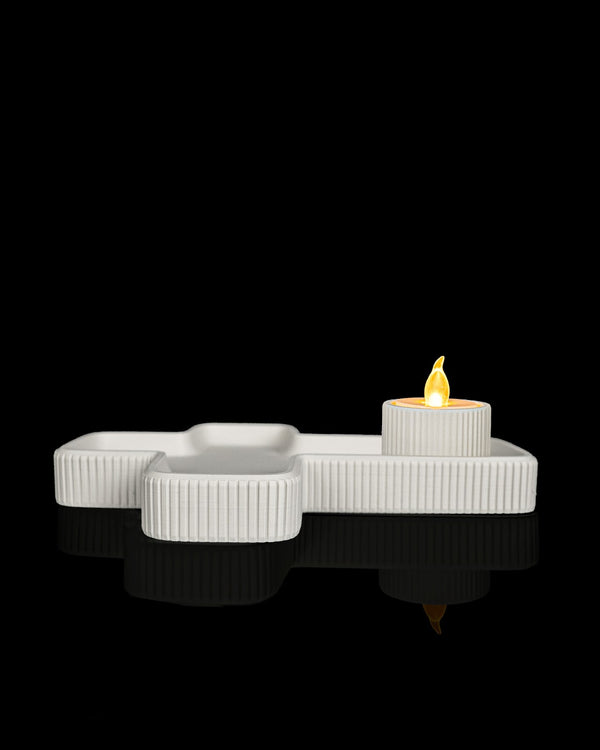 Cross Tray and Candle Holder — ribbed tray with a lit LED tealight