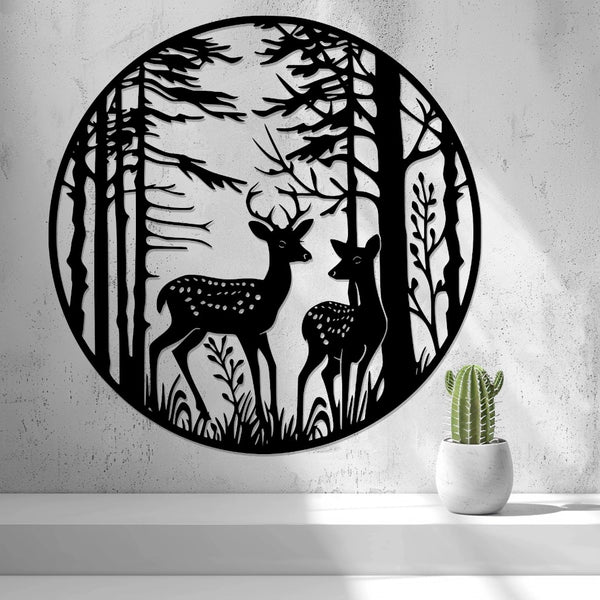 Deer in the Forest Wall Art — shown in black on a wall