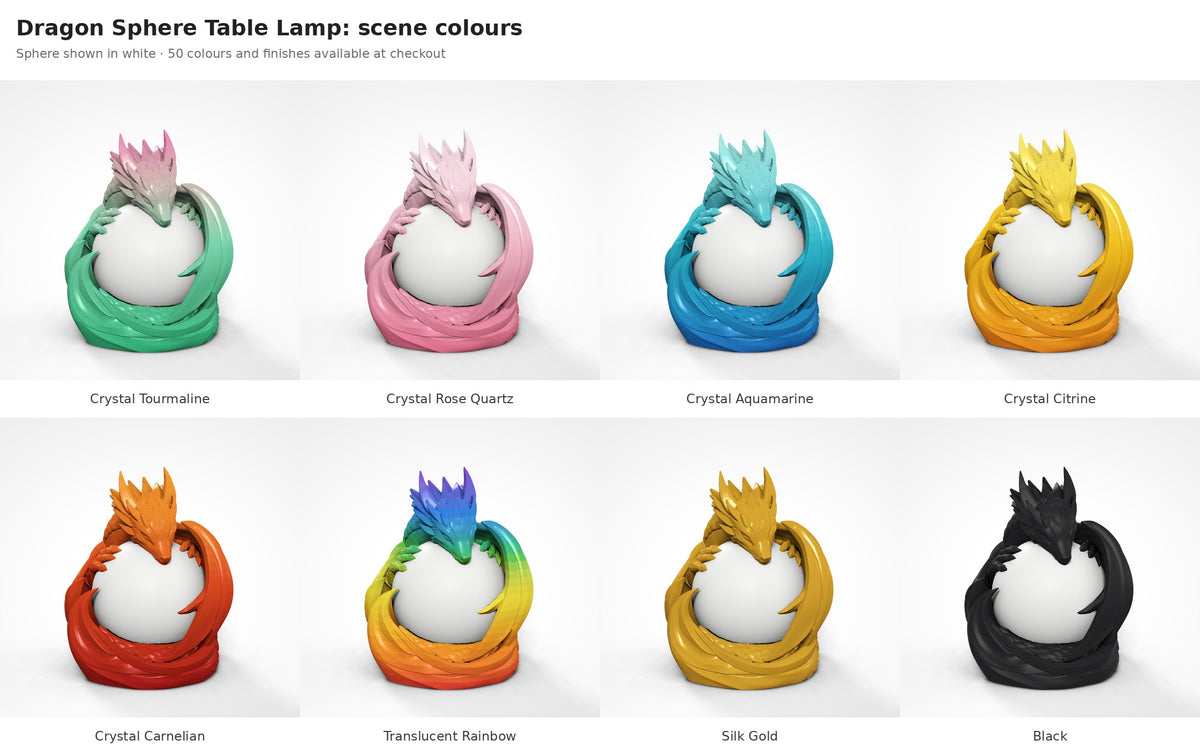 Dragon Sphere Table Lamp — dragon shown in eight colours and finishes with the sphere in white