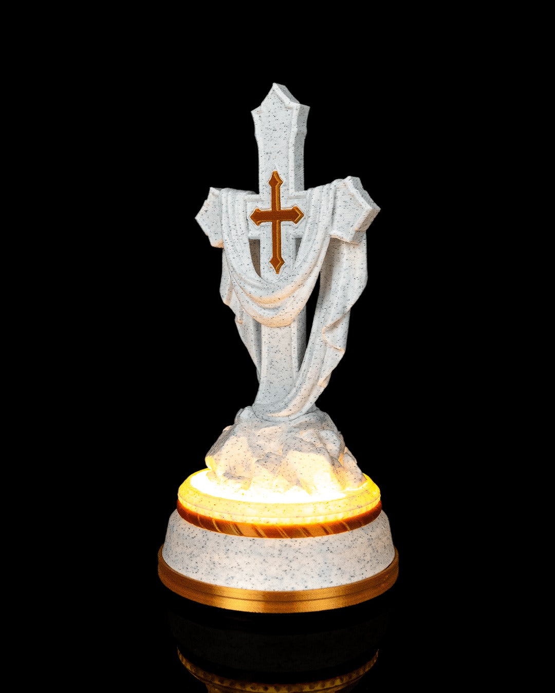Draped Cross Statue — 160 mm statue glowing, angled view