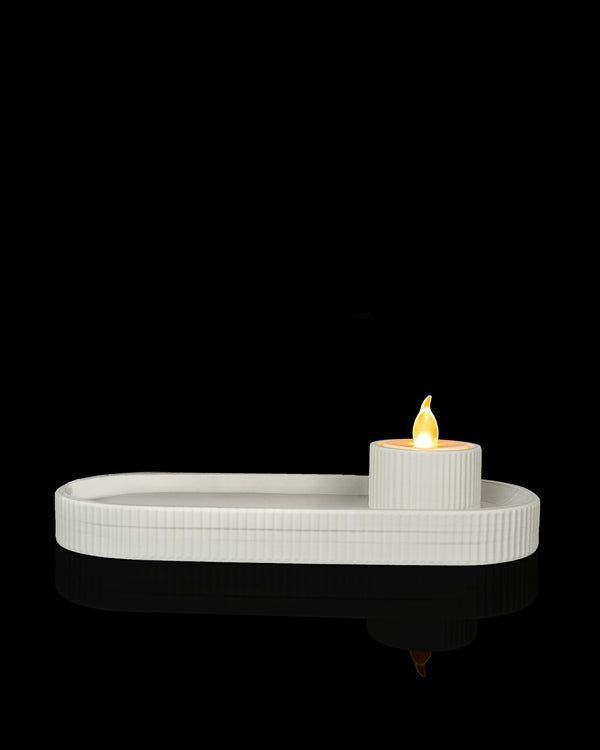 Elongated Tray and Candle Holder — ribbed tray with a lit LED tealight