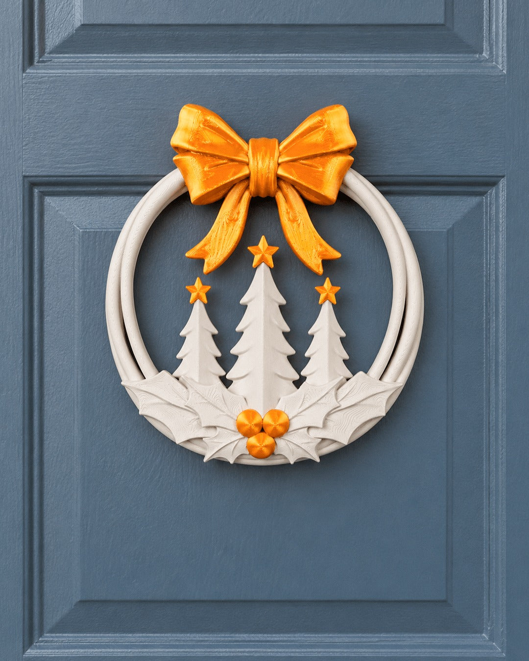 Evergreen Wreath — hanging on a blue front door