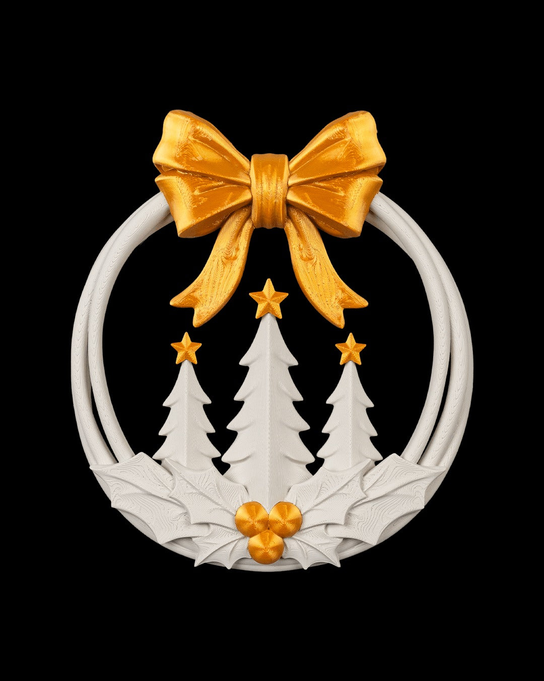 Evergreen Wreath — gold bow and pine trees, front view