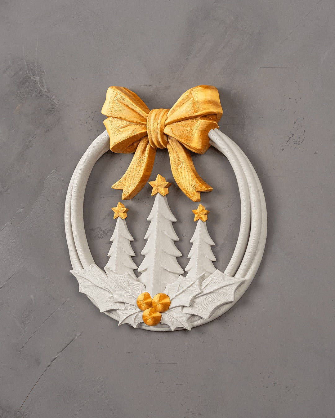 Evergreen Wreath — front view on a grey wall