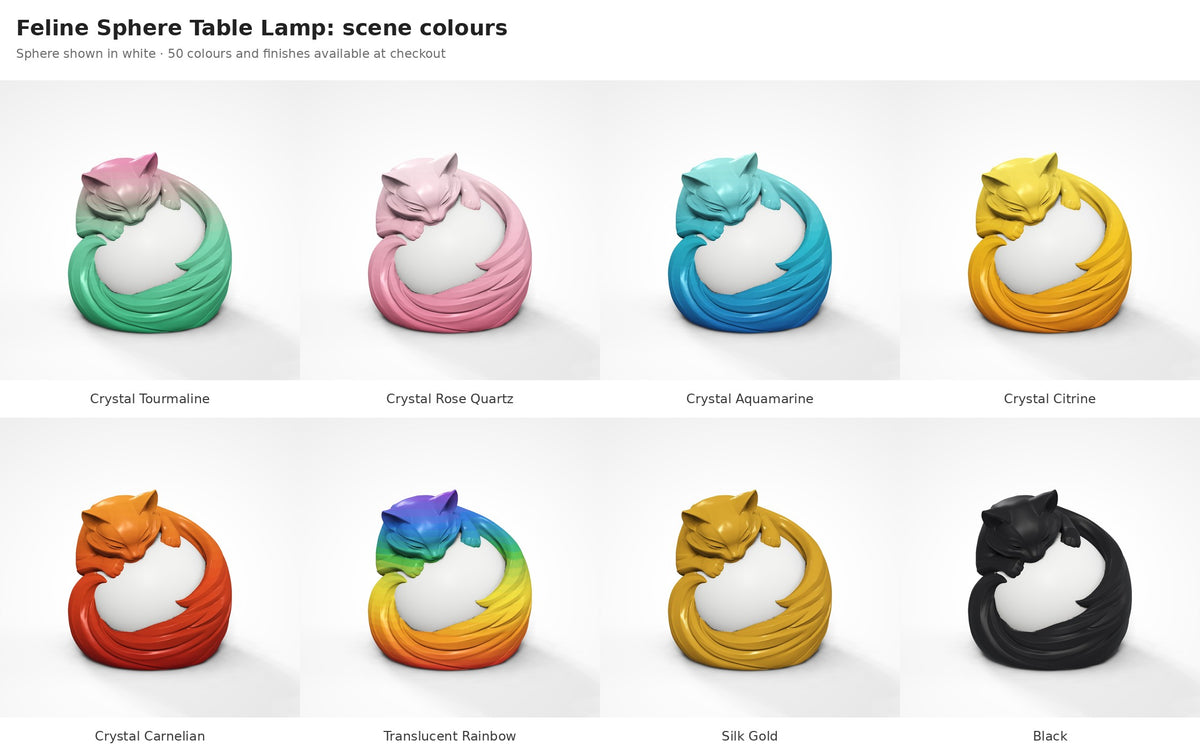 Feline Sphere Table Lamp — cat shown in eight colours and finishes with the sphere in white