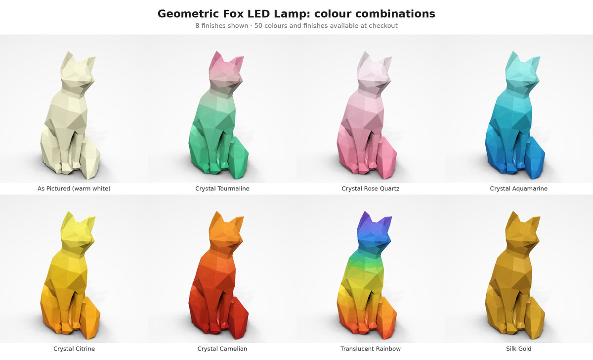 Geometric Fox LED Lamp — colour combinations: warm white, Crystal gradients, Translucent Rainbow and Silk Gold