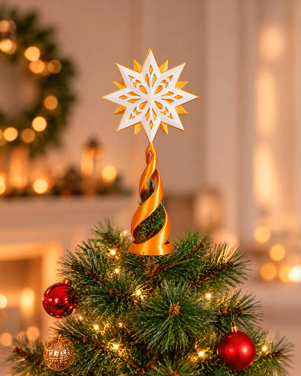 Guiding Star Tree Topper — gold spiral stand on a lit Christmas tree