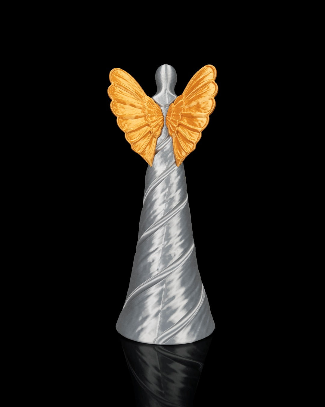 Heavenly Trio — swirl-robed angel with gold wings, back view