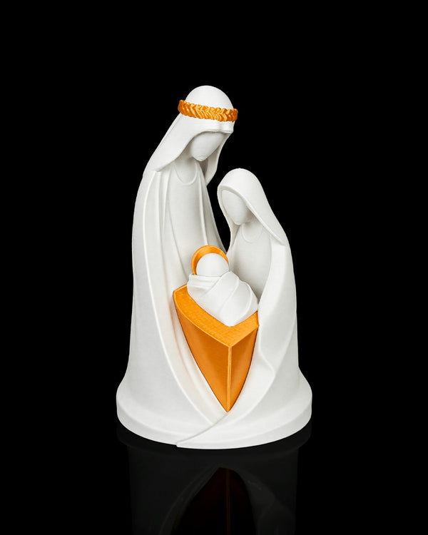 Holy Family Embrace — white and gold sculpture, front view