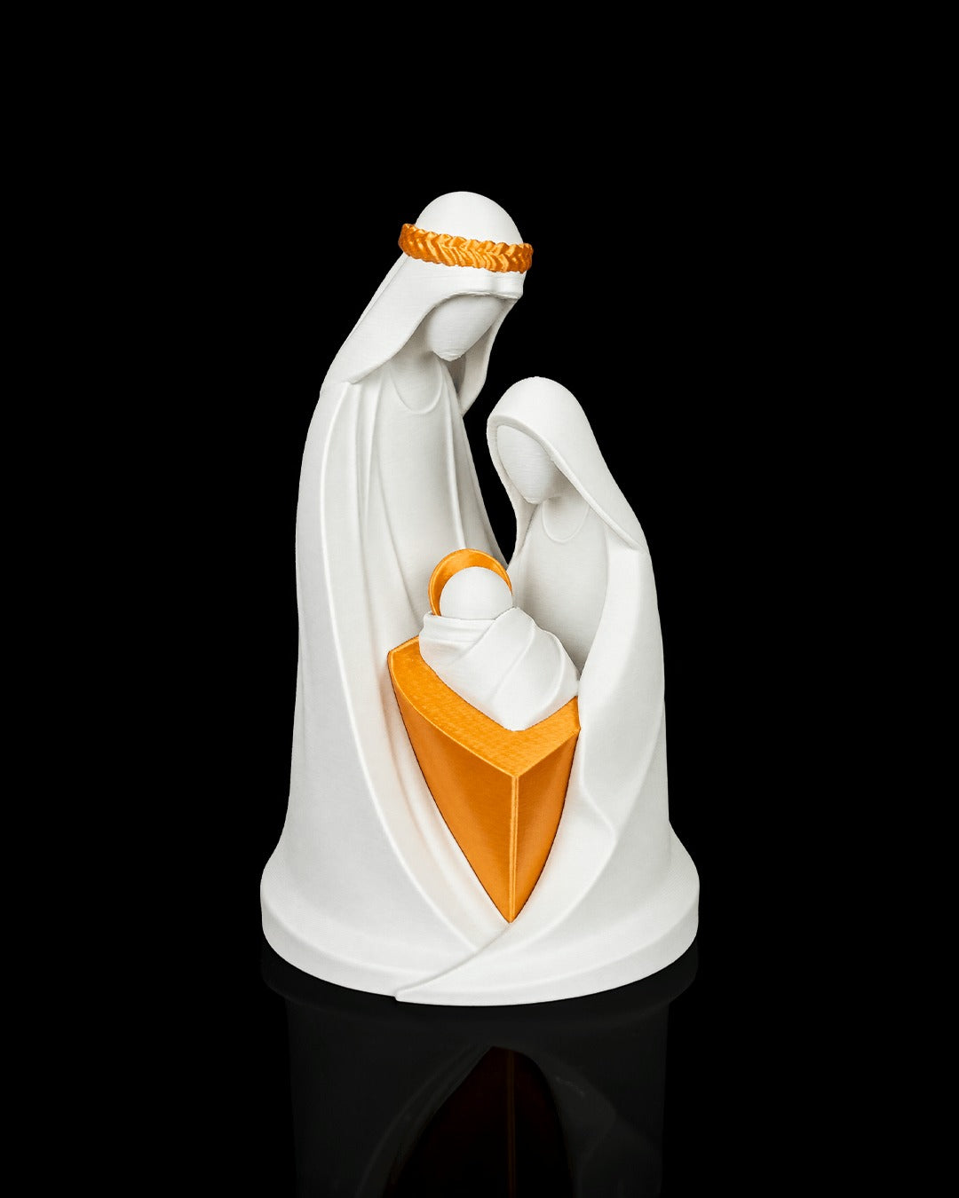 Holy Family Embrace — white and gold sculpture, front view