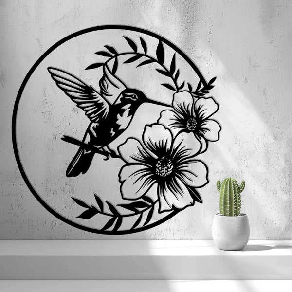 Hummingbird with Flowers Wall Art — shown in black on a wall