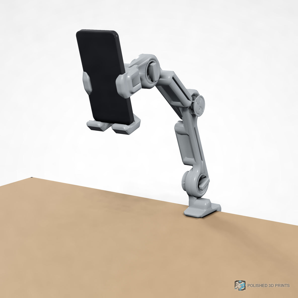 Link-A-Link Desk Phone Arm Kit, assembled on a desk with a phone mounted – three-quarter view
