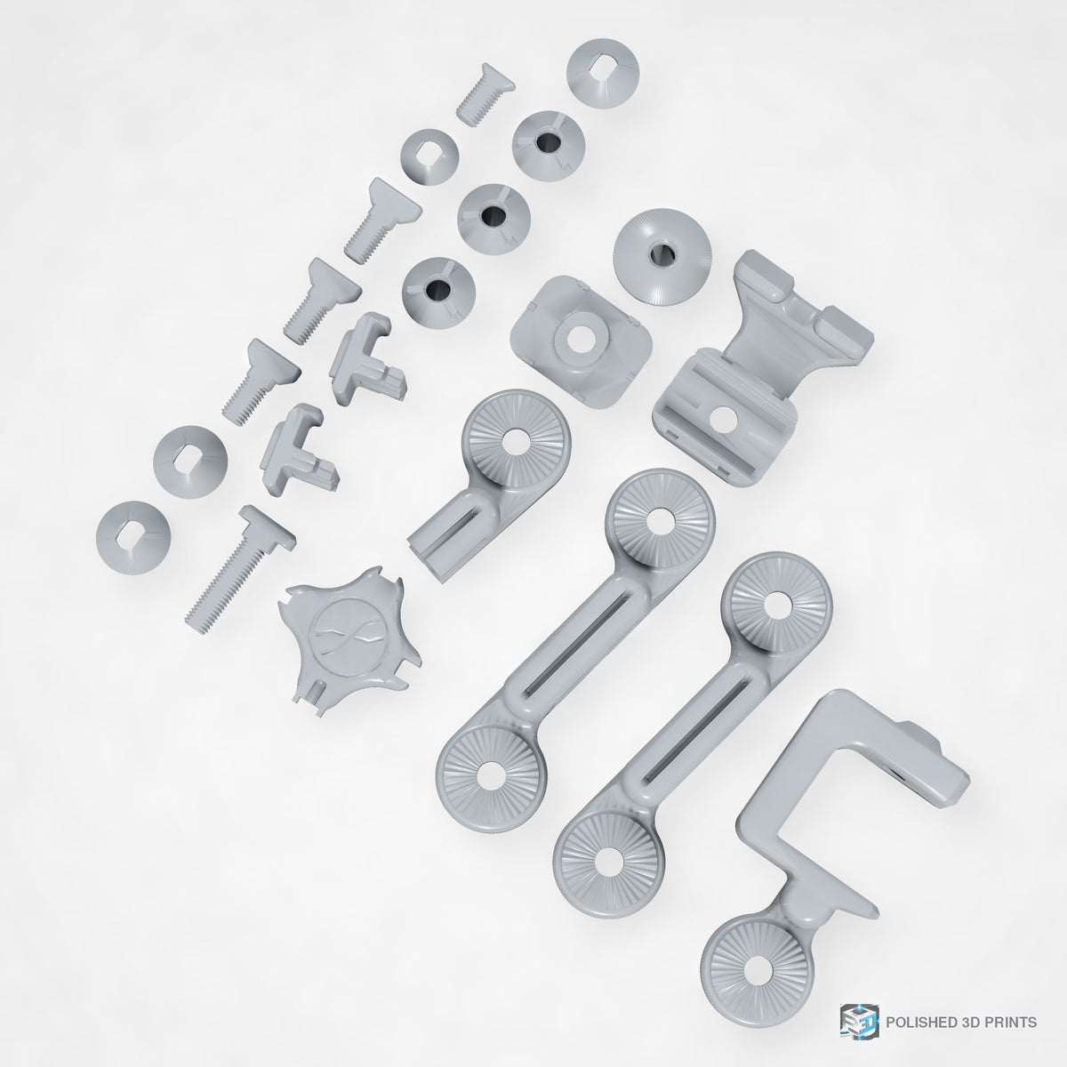 Link-A-Link Desk Phone Arm Kit – all printed parts laid out from above