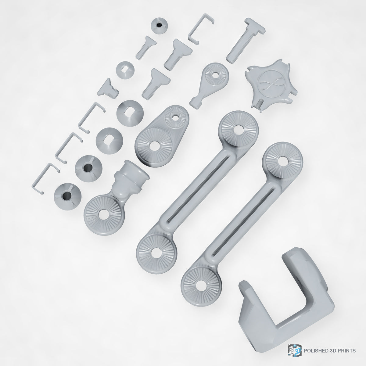 Link-A-Link Streamer Microphone Arm Kit – all printed parts laid out from above