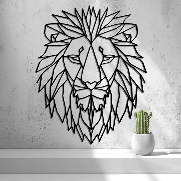 Low Poly Lion Wall Art — shown in black on a wall