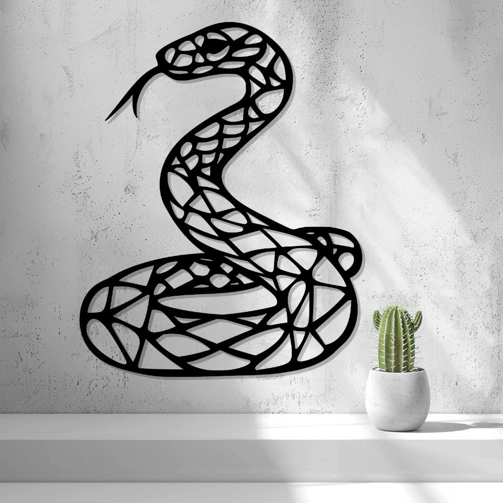 Low Poly Snake Wall Art — shown in black on a wall