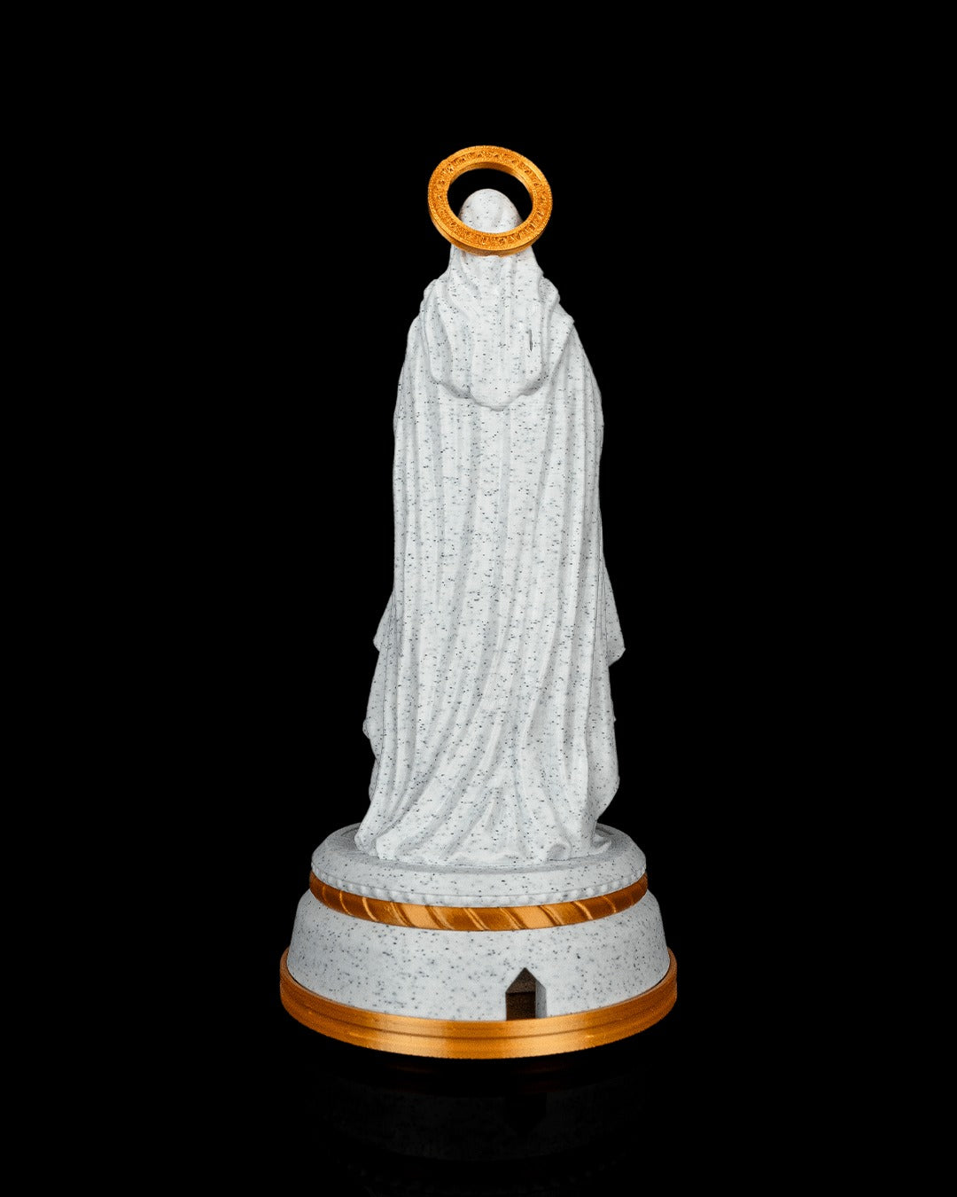 Our Lady Statue — back view showing the cable port