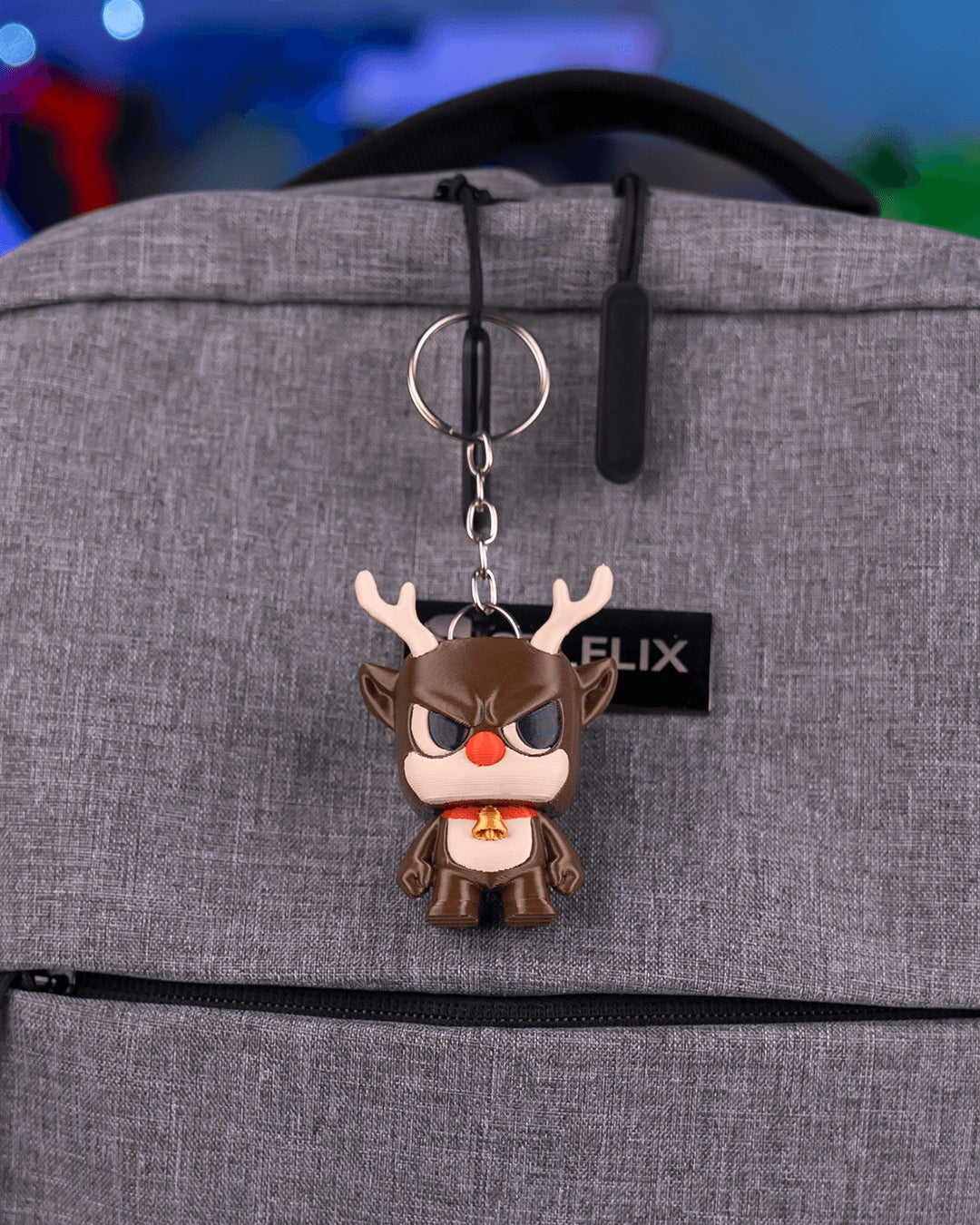 Rantydeer 3D-printed Christmas keyring — clipped to a backpack as a keyring