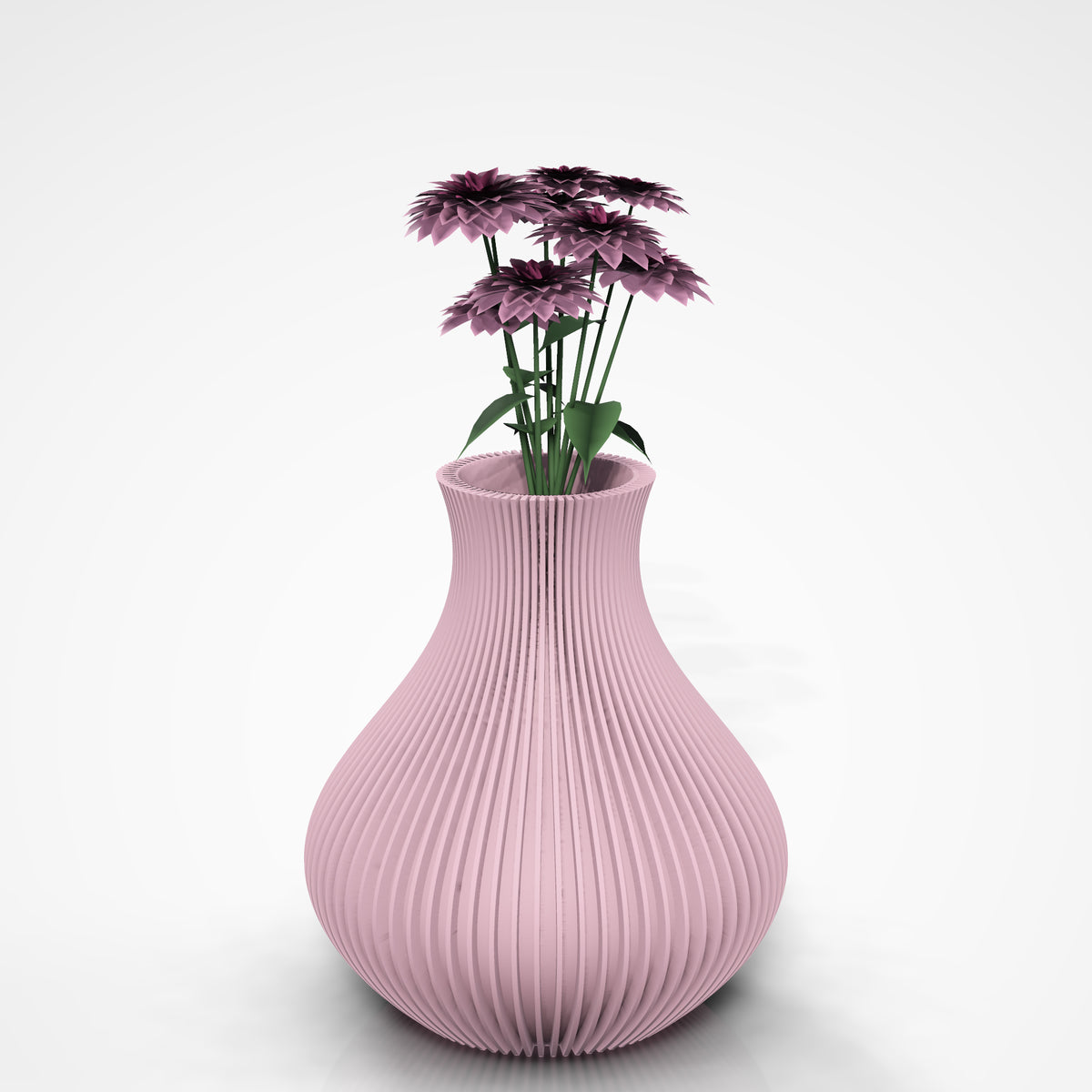 Ribbed Bulb Vase — Sakura Pink vase styled with a bouquet on a studio white background