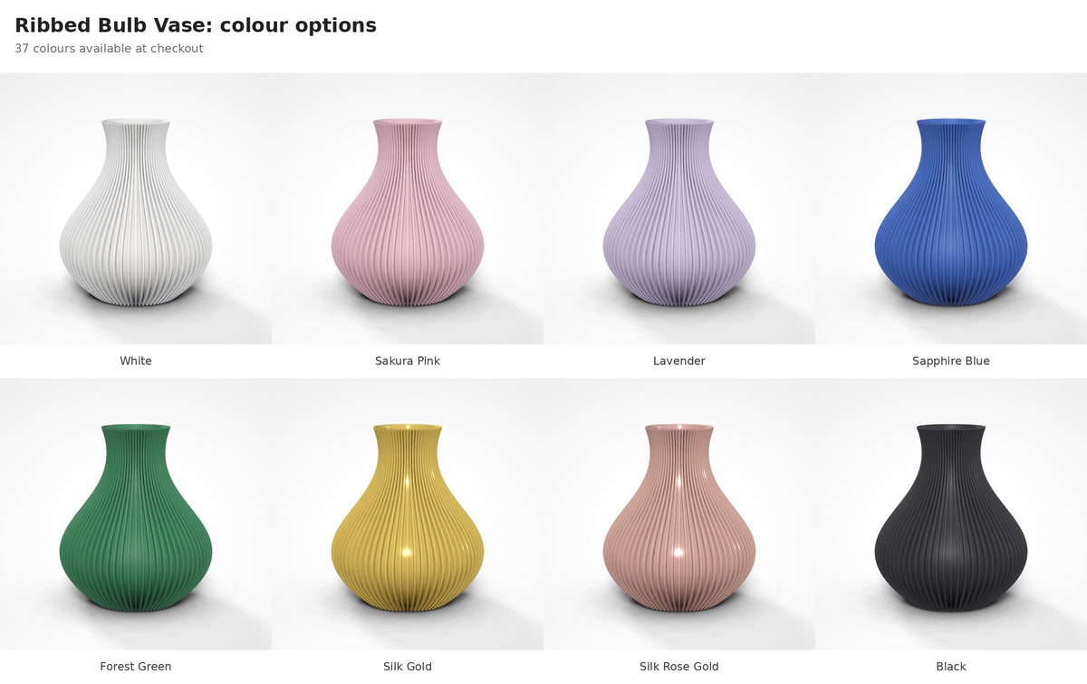 Ribbed Bulb Vase — colour options grid: White, Sakura Pink, Lavender, Sapphire Blue, Forest Green, Silk Gold, Silk Rose Gold and Black on white