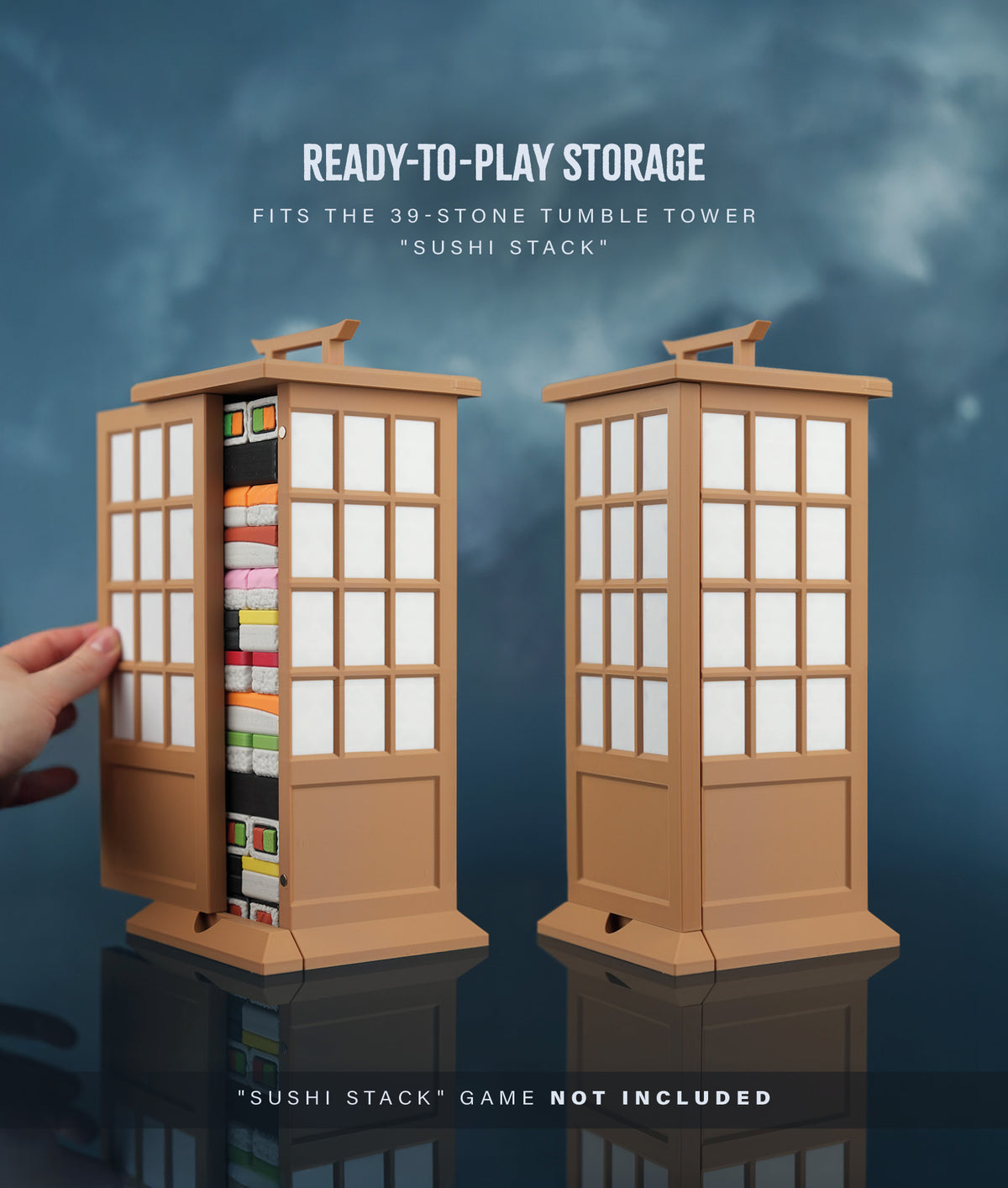 Sushi Stack Shoji Box — open and closed, holding the 39-stone tower