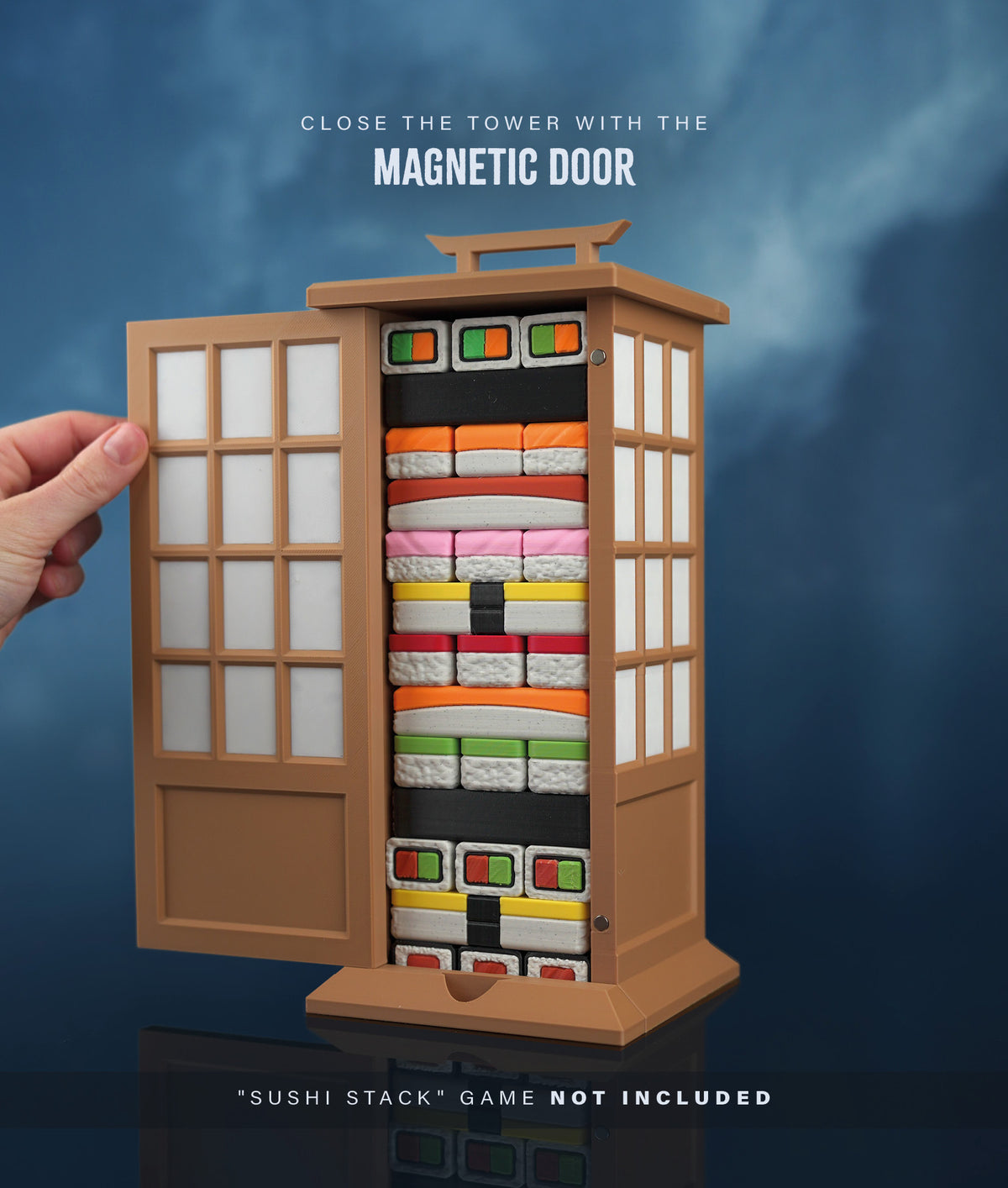 Sushi Stack Shoji Box — closing the magnetic door over the tower