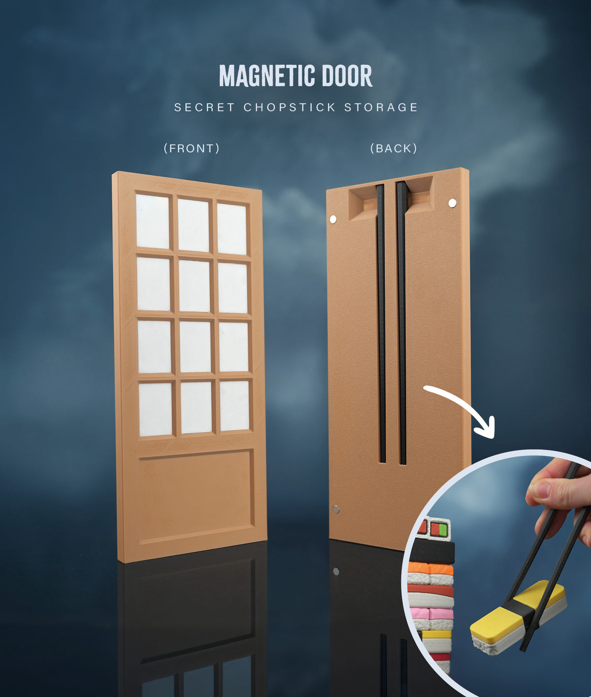 Sushi Stack Shoji Box — door front and back with hidden chopstick storage