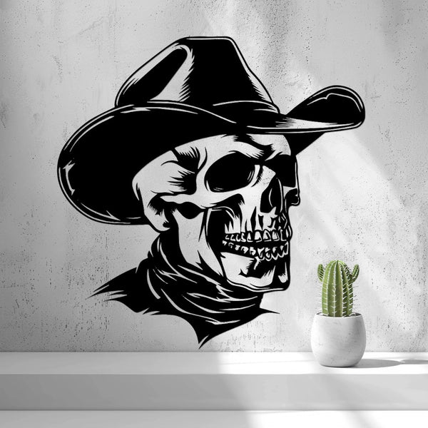 Cowboy Skull Wall Art — shown in black on a wall