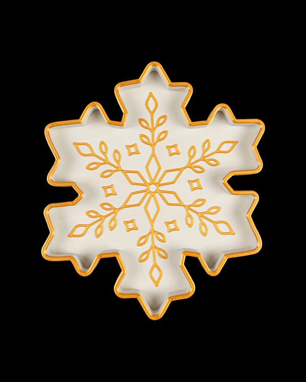 Snowflake Tray — white and gold tray, top view