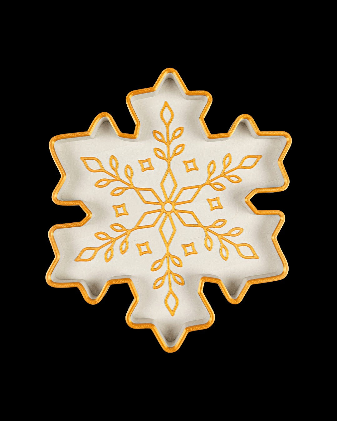 Snowflake Tray — white and gold tray, top view