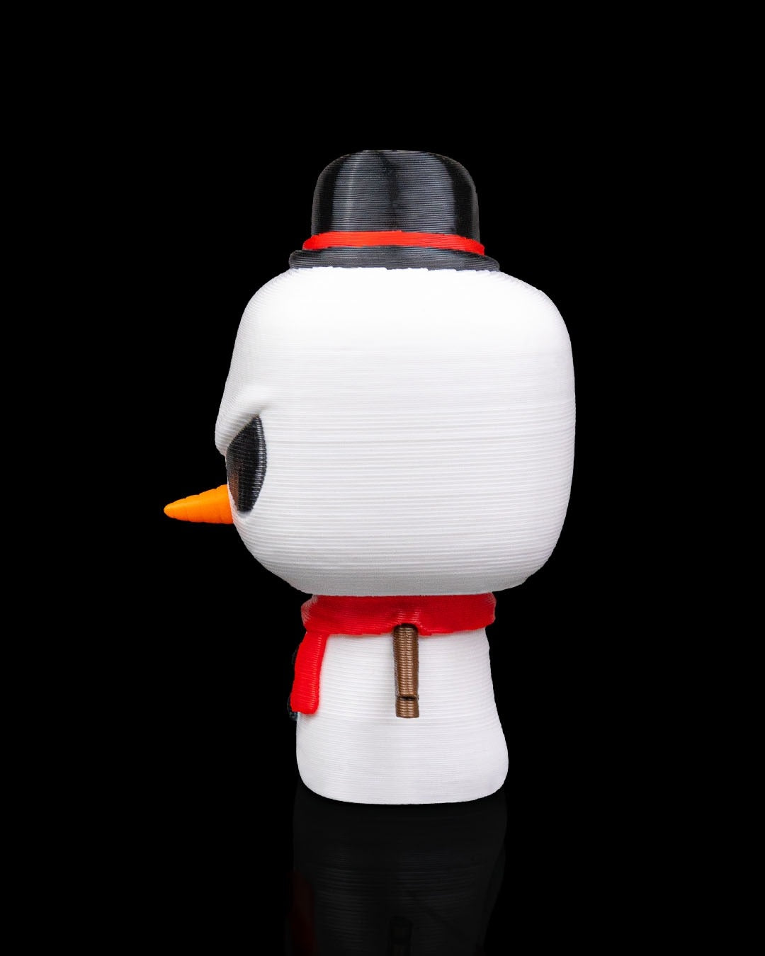 Snowmanty 3D-printed Christmas keyring — rear three-quarter view