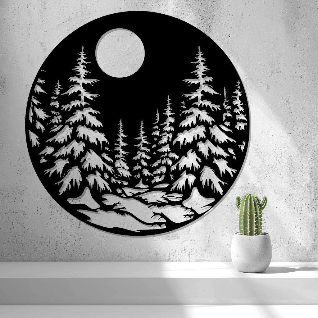 Snowy Night Landscape Wall Art — shown in black on a wall