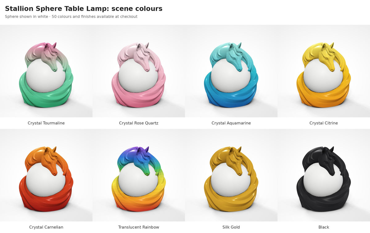 Stallion Sphere Table Lamp — eight scene colours with a white sphere: Crystal Tourmaline, Rose Quartz, Aquamarine, Citrine, Carnelian, Translucent Rainbow, Silk Gold and Black