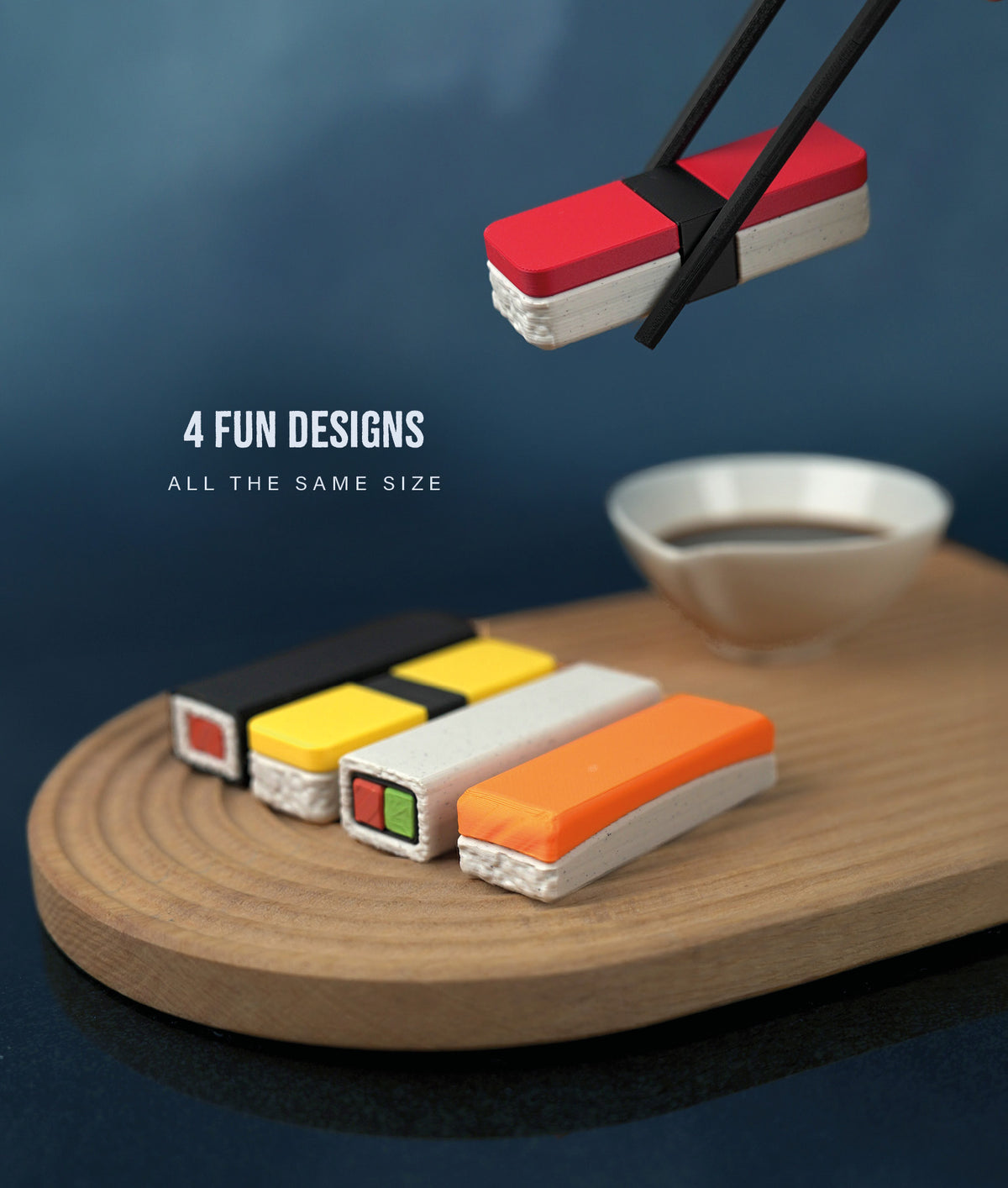 Sushi Stack Tumble Tower Game — the four sushi designs on a serving board